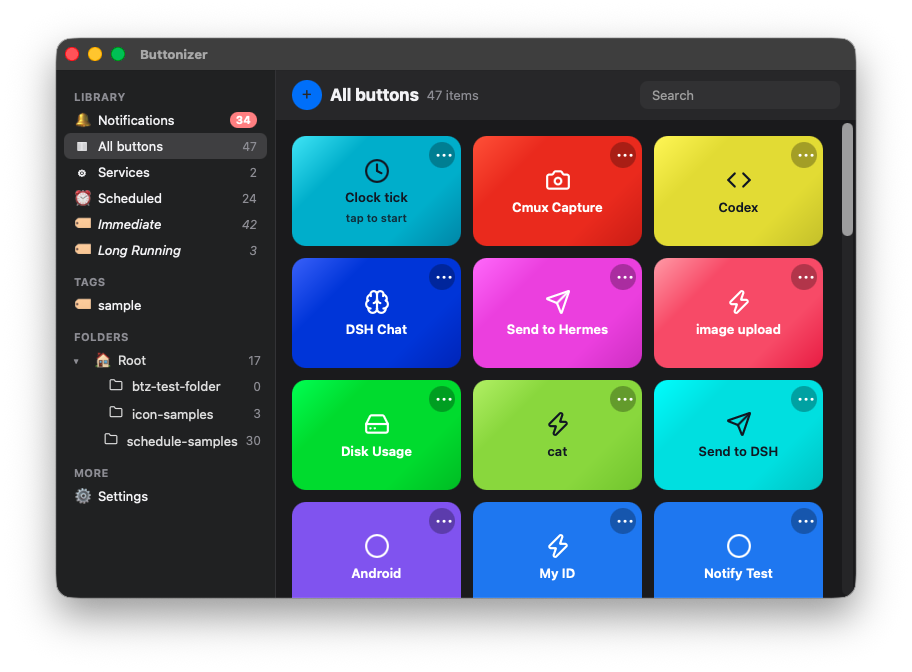 The Buttonizer desktop app window: 47 buttons in a colored grid — Clock tick, Cmux Capture, Disk Usage, Send to Hermes — with the library, tags and folders sidebar on the left